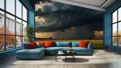 Dramatic storm clouds over an open field. Wall mural