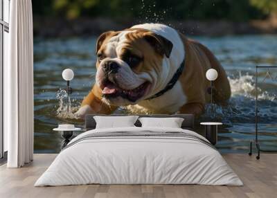 English Bulldog swimming joyfully outside. Wall mural