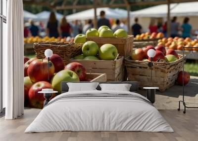 Fall festival crafts, food stalls, and apple baskets on a white background. Wall mural