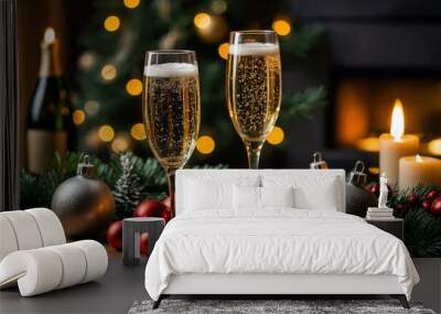 Festive champagne glasses, candles, and Christmas decor create a warm holiday vibe. Wall mural