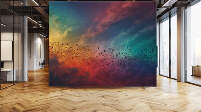 Flock of birds flying against a colorful abstract sky. Wall mural