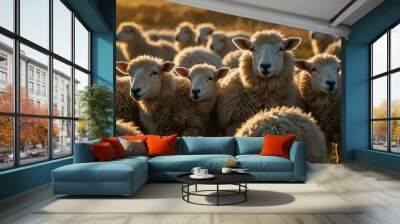 Flock of sheep grazing under golden sunlight, one facing the camera. Wall mural