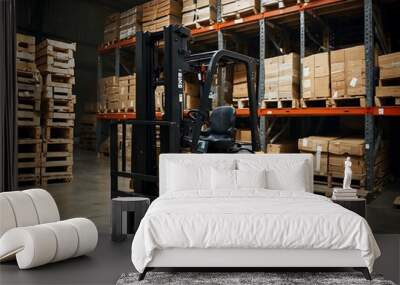 Forklift in action, efficiently stacking pallets in a dynamic warehouse. Wall mural