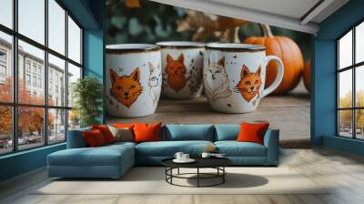 Fox, cat, and pumpkin-themed mugs inspiring fall DIY crafts Wall mural