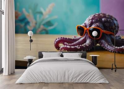 Funny octopus wearing sunglasses in a colorful studio setting. Wall mural