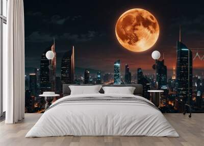 Futuristic cityscape lit by a glowing moon. Wall mural