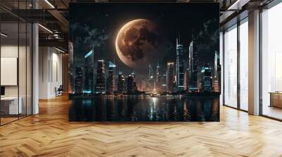 Futuristic cityscape with a glowing moon and skyscrapers. Wall mural