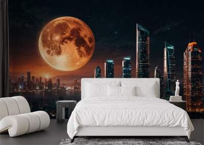 Glowing moon over a futuristic city with bright skyscrapers. Wall mural