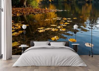 Golden leaves drifting on still water in autumn. Wall mural