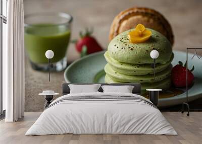 Green tea ice cream served with pancakes. Wall mural