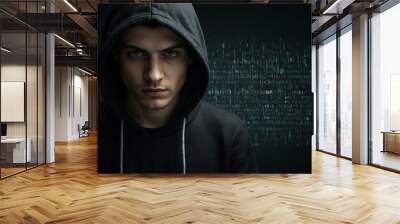 Hacker in a black hoodie representing digital privacy and cybercrime. Wall mural