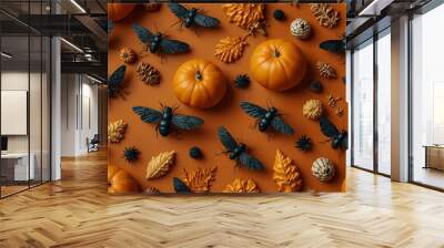 Halloween insects and autumn decor on an orange background. Wall mural