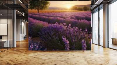 Hyper-realistic D render of a lavender field at sunset with rich colors. Wall mural