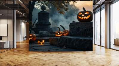 Lit jack-o'-lantern on a stone platform with two skeletons and a bat, surrounded by smoke. Wall mural