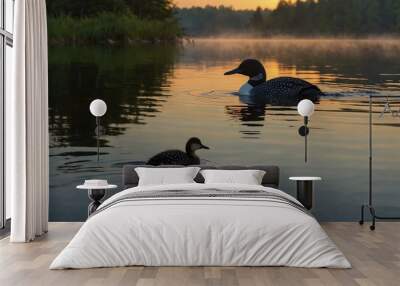 Loon and chick on a lake at dawn. Wall mural