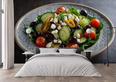 Mediterranean salad with olives, tomatoes, and cucumbers. Space for adding text. Wall mural