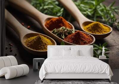 Mixed Spices Spices in wooden spoons with green herbs. Wall mural