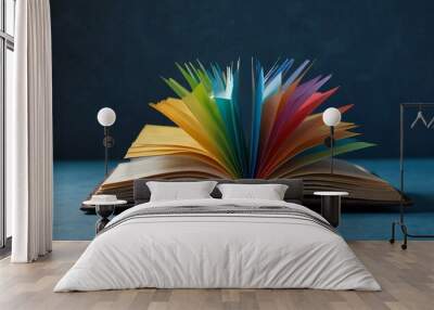 Open book with rainbow-colored pages on a blue background. Wall mural