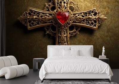 Ornate golden cross with intricate filigree and radiant heart. Wall mural