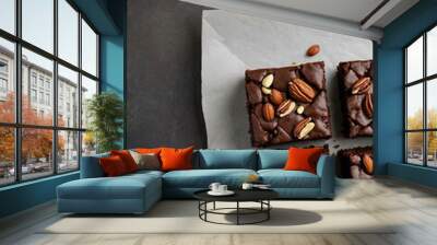 Pecan nut and chocolate brownies, overhead view with space for your text or design. Wall mural