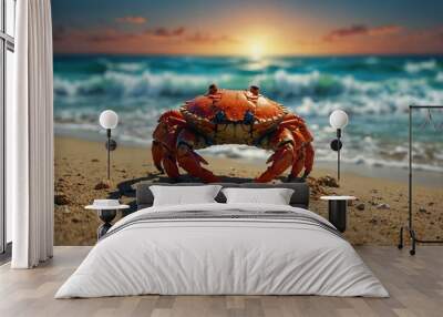 Pixel art crab on a beach with a vibrant ocean backdrop. Wall mural