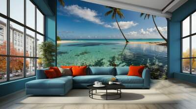 Pristine turquoise waters lapping at a tropical beach framed by palm trees. Wall mural