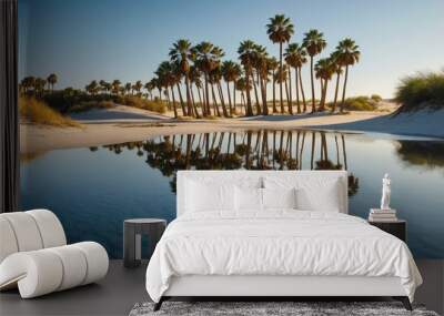 Reflective water with palm trees and sand dunes, creating a mirage effect. Wall mural