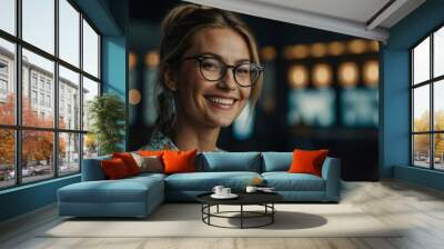 Smiling woman with glasses. Wall mural