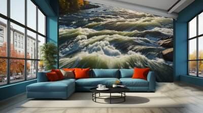 Strong currents in a turbulent river under autumn sunlight. Wall mural