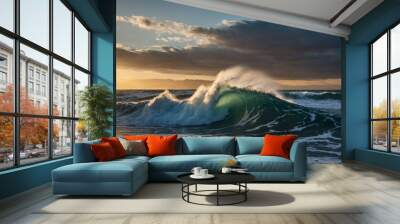 Sunrise wave crashing onto the shore captured in a photograph. Wall mural