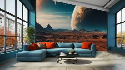 Surreal alien world with two planets and a glowing sun in the background. Wall mural