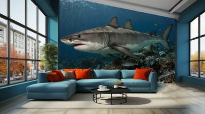 Tiger shark hunting on a tropical reef, Tahiti. Wall mural