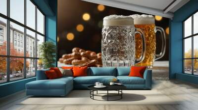 Two frosty beer mugs with pretzels at a festive party. Wall mural