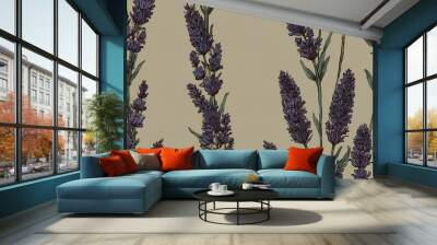 Two lavender branches illustrated in retro line art style. Wall mural