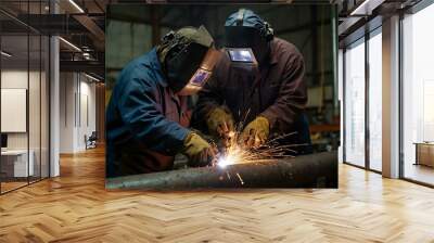 Two welders using arc welding on a pipe flange. Wall mural