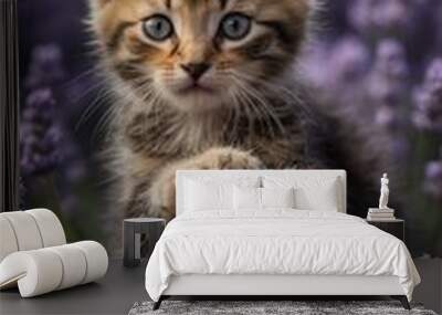 Ultra HD image of a playful kitten with a yarn ball on a lavender backdrop. Wall mural