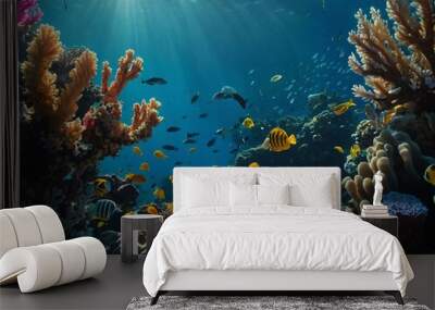 Underwater scene with corals and marine life illuminated by sunlight. Wall mural