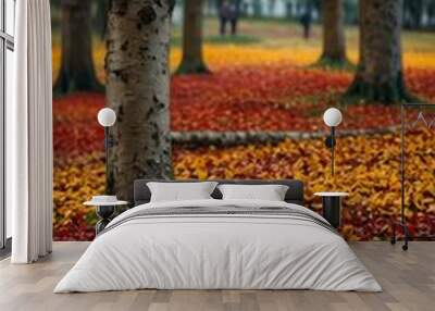 Vibrant autumn scene with red and yellow leaves in a picturesque layout. Wall mural