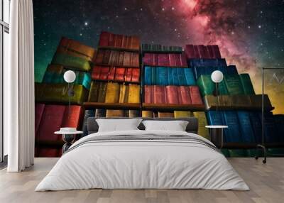 Vividly colored books radiating light in a starlit sky. Wall mural