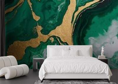 Watercolor texture - green paint spills, golden veins, cracked marble, luxury wallpaper design, high contrast Wall mural