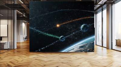 Weather satellites orbiting Earth, visualizing data streams. Wall mural