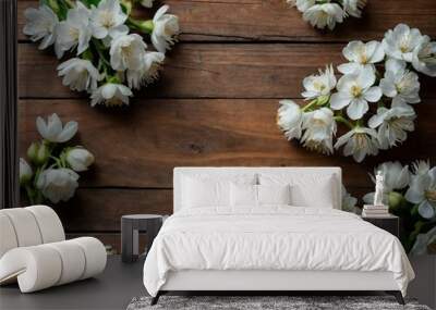 White blossoms on a wooden surface, ample space for text or design. Wall mural