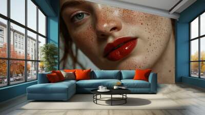 Woman with red lipstick and freckles in close-up. Wall mural