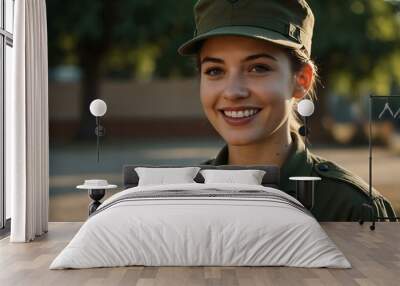 Young woman in military uniform smiling for the camera. Wall mural