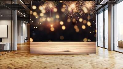 Empty wooden table top with bokeh lights. Copy space for your object, product presentation. Display, promotion, advertising. Festive empty scene. Merry Christmas, Happy New Year. Wall mural