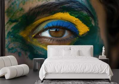 Face of young woman painted in the colors of Brazilian flag, symbolizing patriotism and national pride. Brazilian Independence Day. Love for the country. National holiday in Brazil. Wall mural