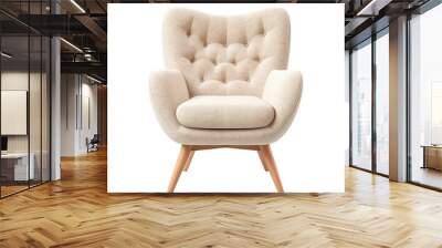 Scandinavian-style armchair with plush, beige upholstery, wooden legs, perfect for modern home interior. Lounge chair on transparent background. Cut out furniture. Front view. PNG Wall mural