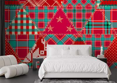 Patchwork textile pattern. Seamless quilting design background. Merry Christmas cozy pattern. Wall mural