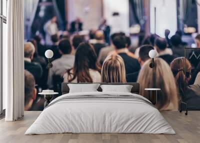 Round table discussion at business convention and Presentation. Audience at the conference hall. Business and entrepreneurship symposium. Wall mural