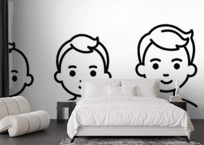 Portrait of a child at different ages. The stages of growing up from infant to senior student. Black line icons. Wall mural